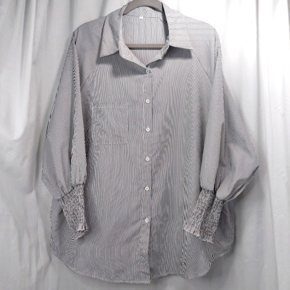 TEMU PLUS Micro Stripe Long Sleeve Top Black White Wms 3XL (Fits 2XL) Smock Cuff